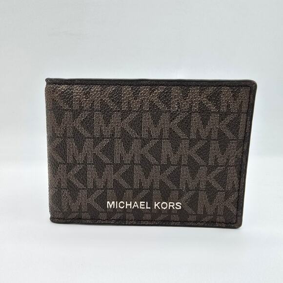 Michael Kors Jet Set Bifold Wallet Brown Logo & Black Leather - Picture 1 of 12